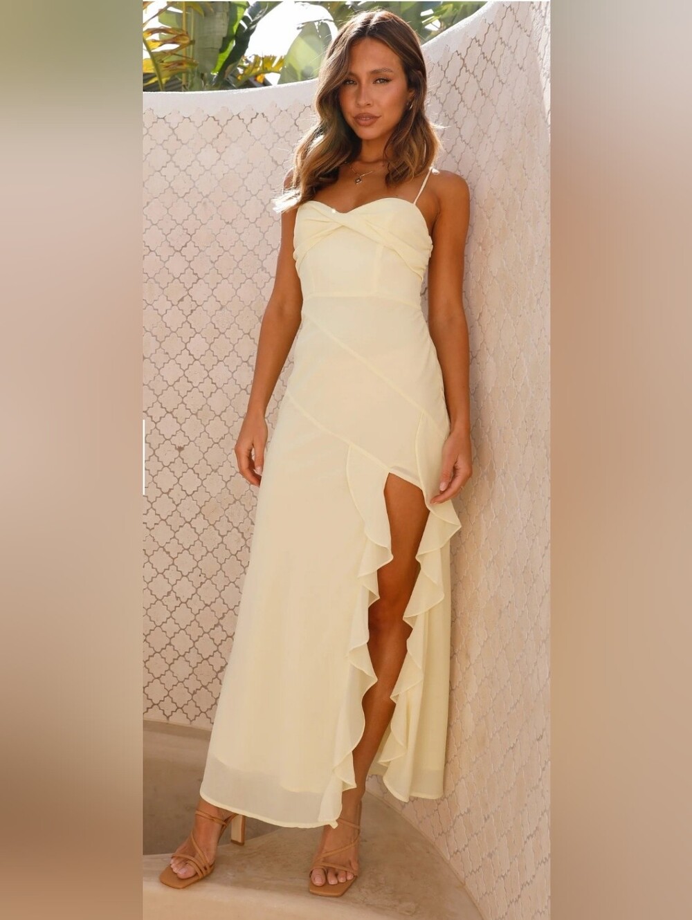 Size 10  Billy J Spaghetti Strap Ruffle High-Slit Maxi Dress
